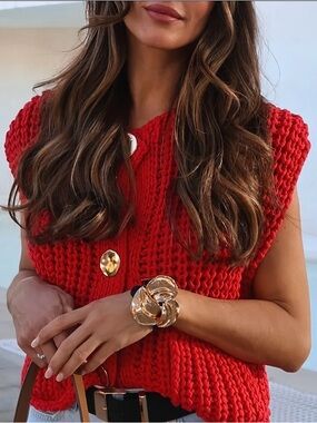 Chunky Red Knit Button Vest with Gold Accents